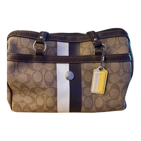 Coach Handbags - COACH Heritage Signature Stripe Zip Top Brown Shoulder Satchel Handbag F14478